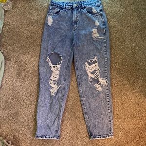 High waisted, medium wash, ripped, mom jeans
